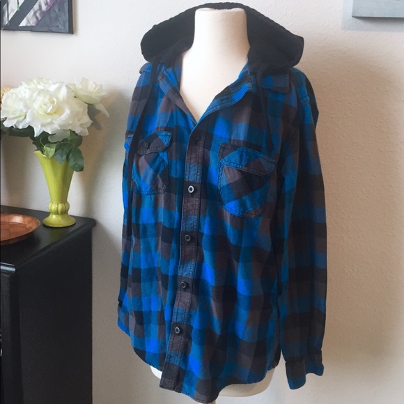 Tony Hawk Other - Blue + Black Hooded Flannel Shirt Medium Hoodie